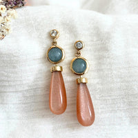 Limited Edition Peach Moonstone, Aquamarine and Diamond Earrings