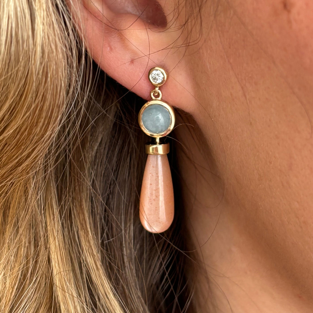 Limited Edition Peach Moonstone, Aquamarine and Diamond Earrings