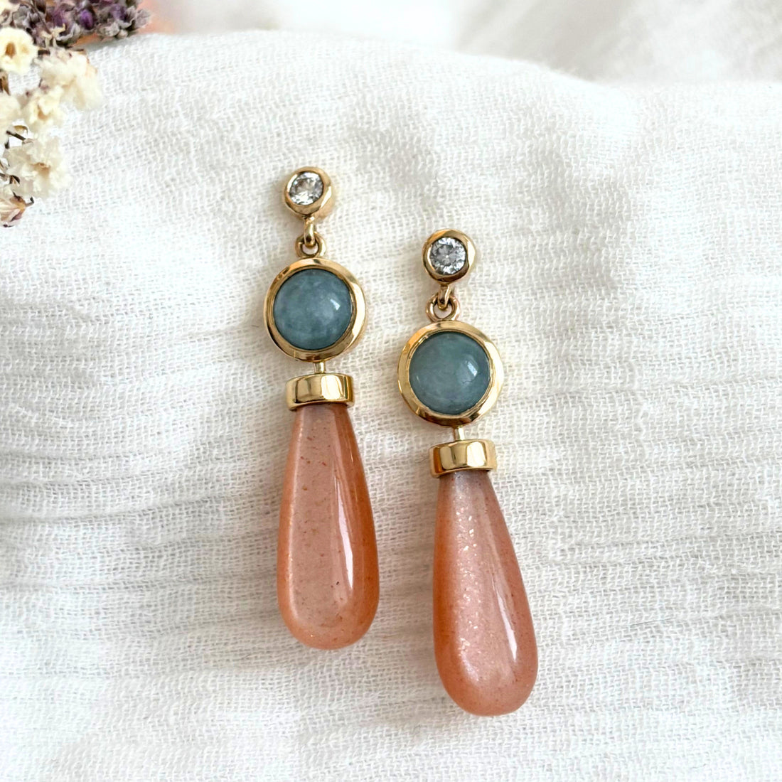 Limited Edition Peach Moonstone, Aquamarine and Diamond Earrings